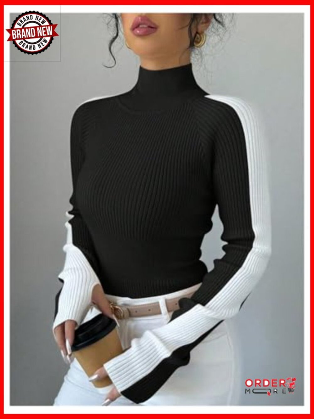 Color Block Turtleneck Pullover Sweater Ribbed Knit Long Sleeve Top - Picture 3 of 6